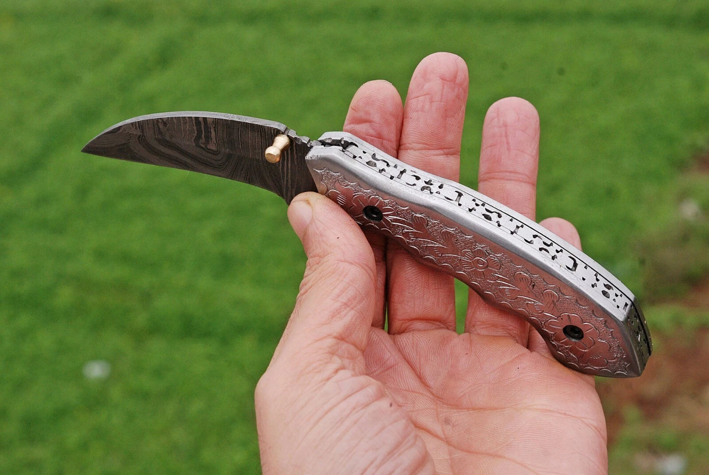 Hand Forged Damascus Steel Folding Pocket Knife with Steel Engraved Handle – 512 Layers EDC Knife with Leather Sheath