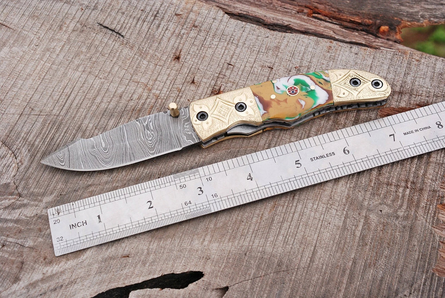 Hand Forged Damascus Steel Folding Pocket Knife with Risen & Bolster Handle – 512 Layers EDC Knife with Leather Sheath 1596