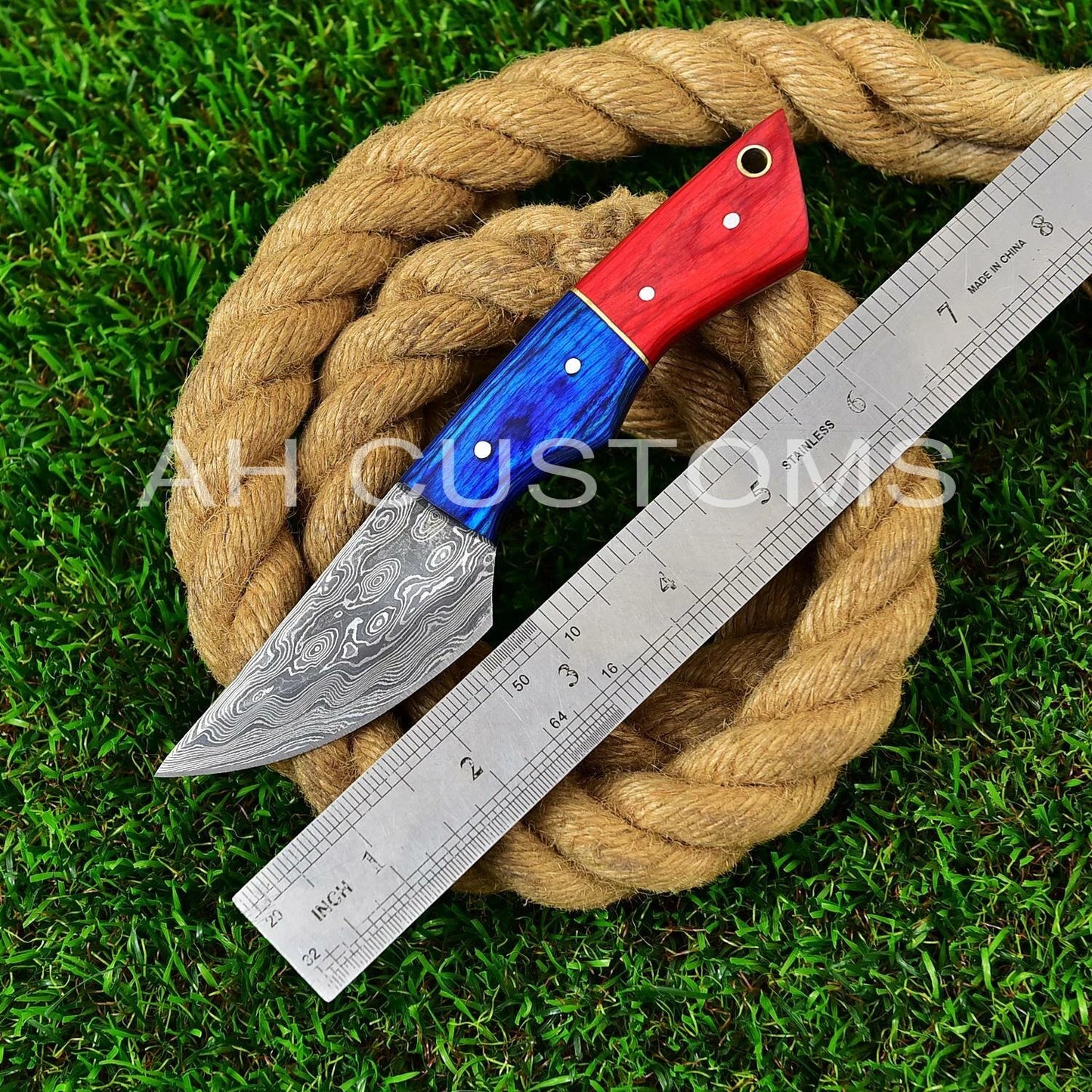 Hand Forged Damascus Steel Fixed Blade Tool with Wood Handle – 512 Layers Compact Utility Tool with Leather Sheath
