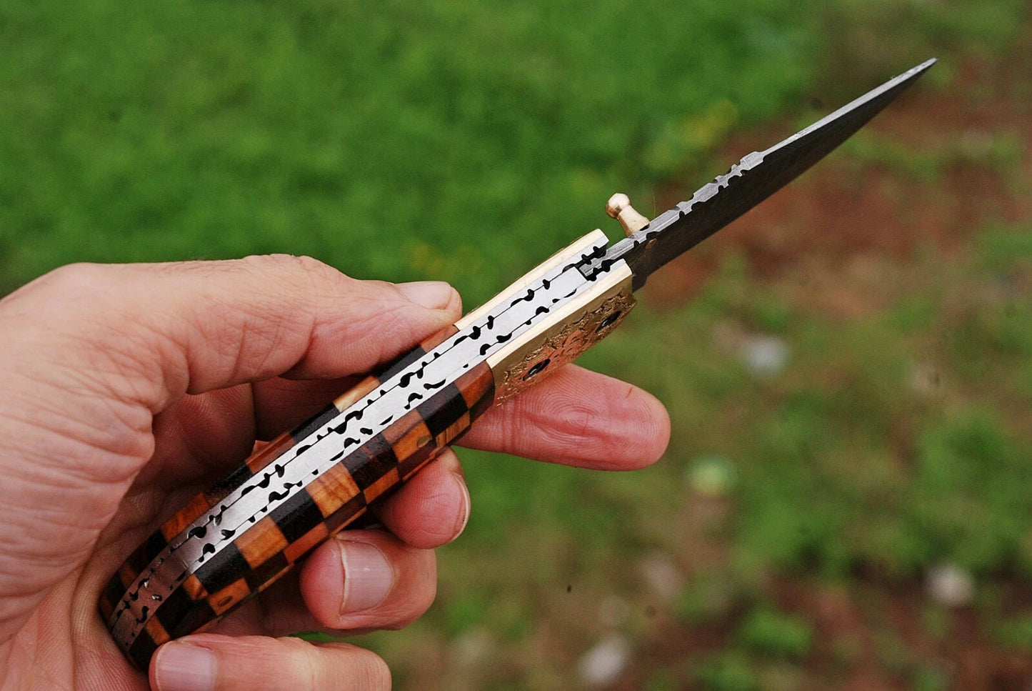 Hand Forged Damascus Steel Folding Pocket Knife with Wood & Bolster Handle – 512 Layers EDC Knife with Leather Sheath 1597