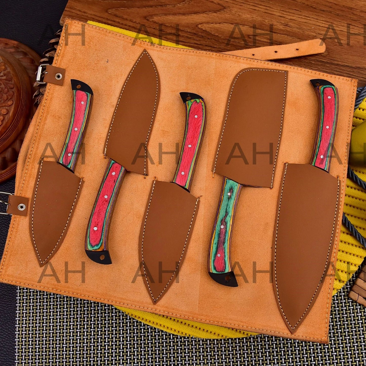 Custom Handmade Carbon Steel Chef Knife Set – 5 Piece Kitchen Knives with Leather Sheath