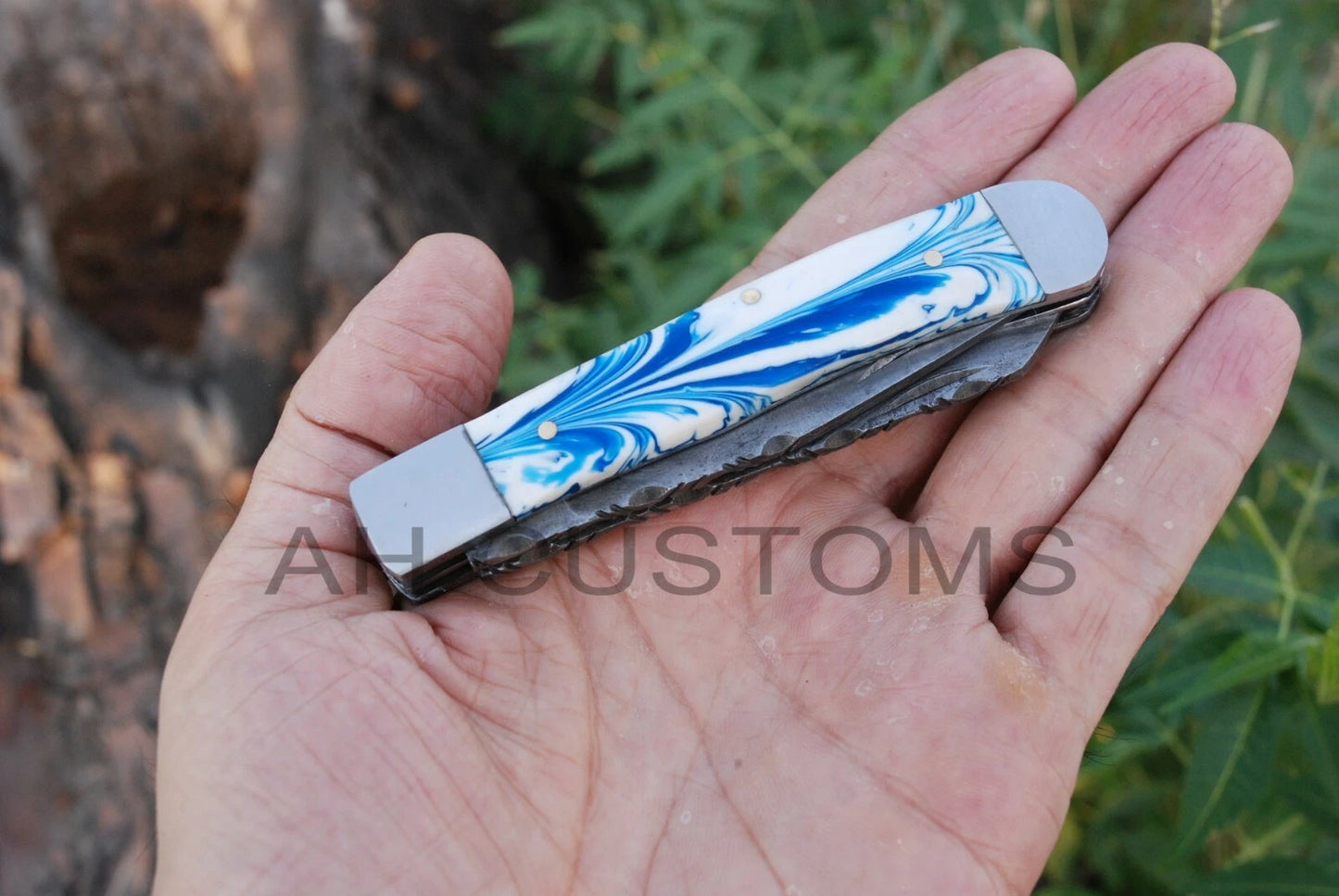 Custom Handmade 512-Layer Damascus Steel Double Blade Trapper Folding Pocket Knife with Resin Handle & Leather Sheath