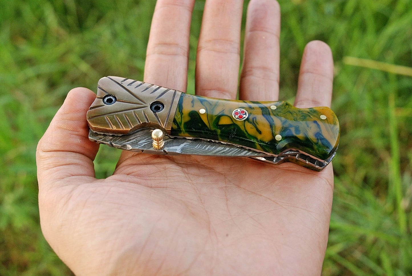 Premium Hand-Forged Damascus Folding Pocket Knife – Copper Bolster Handle | 512 Layers | Leather Sheath Included