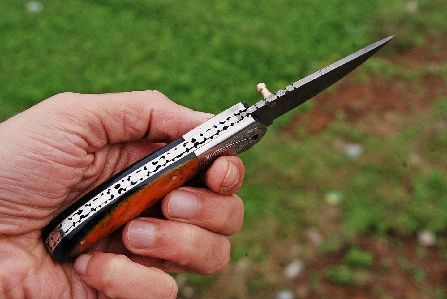 Hand Forged Damascus Steel Folding Pocket Knife with Risen & Bolster Handle – 512 Layers EDC Knife with Leather Sheath