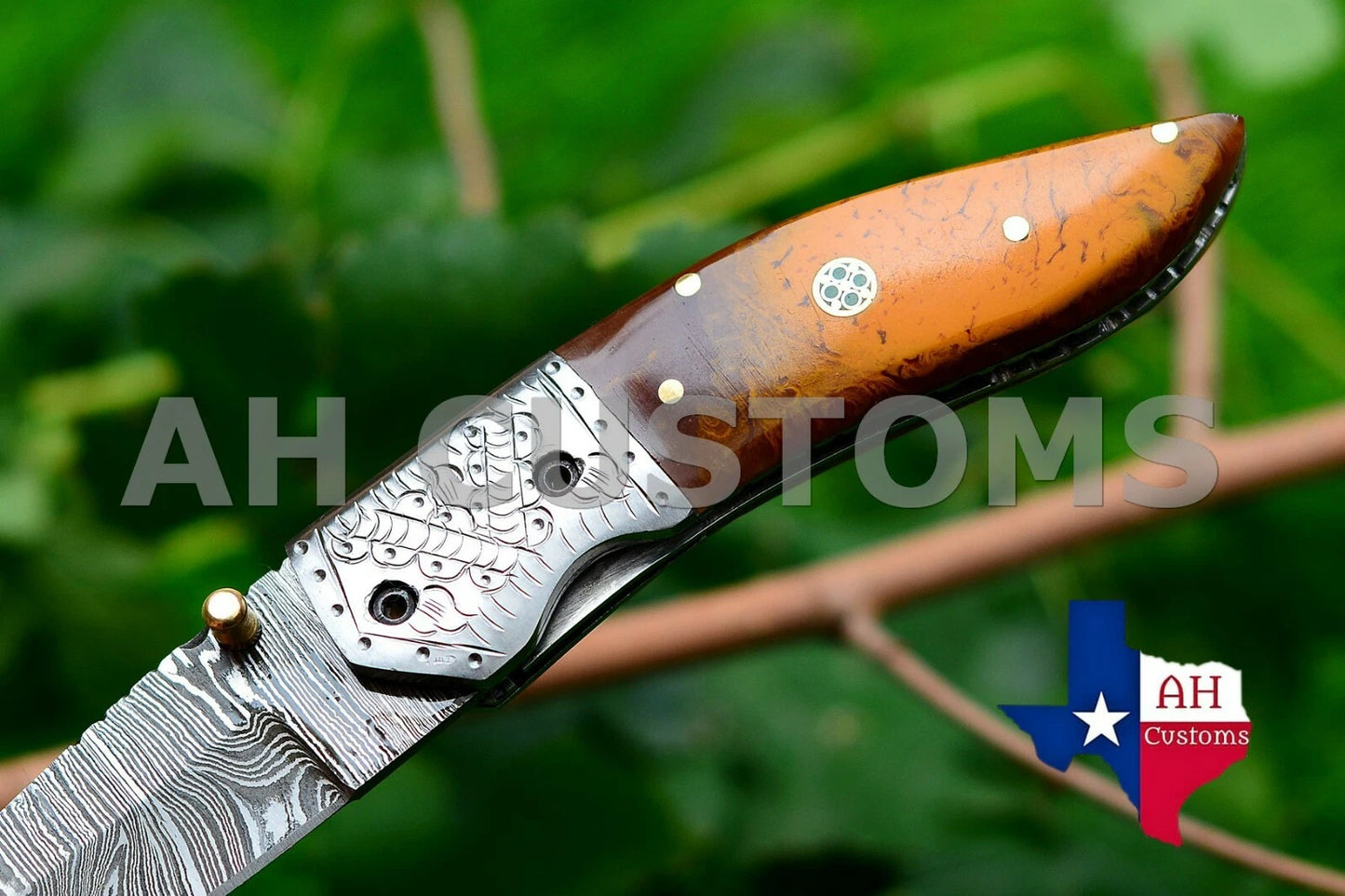 Handmade 512-Layer Damascus Steel Folding Pocket Knife with Resin Handle & Leather Sheath