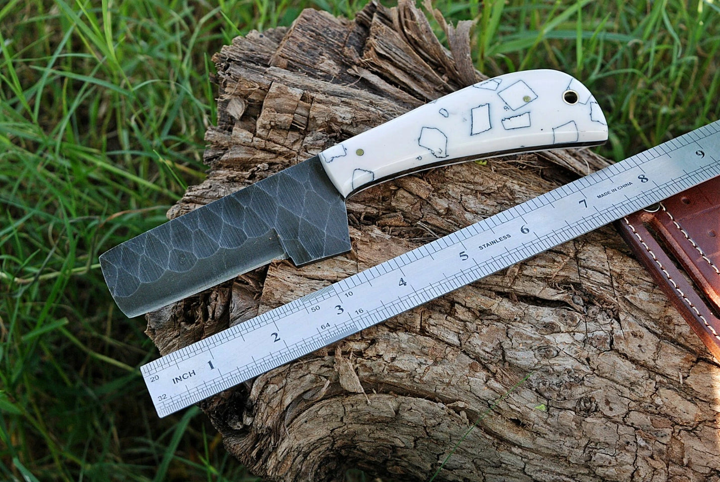 Premium Hand-Forged Railroad Steel Fixed Blade Tool – Raised Handle Leather Sheath Included