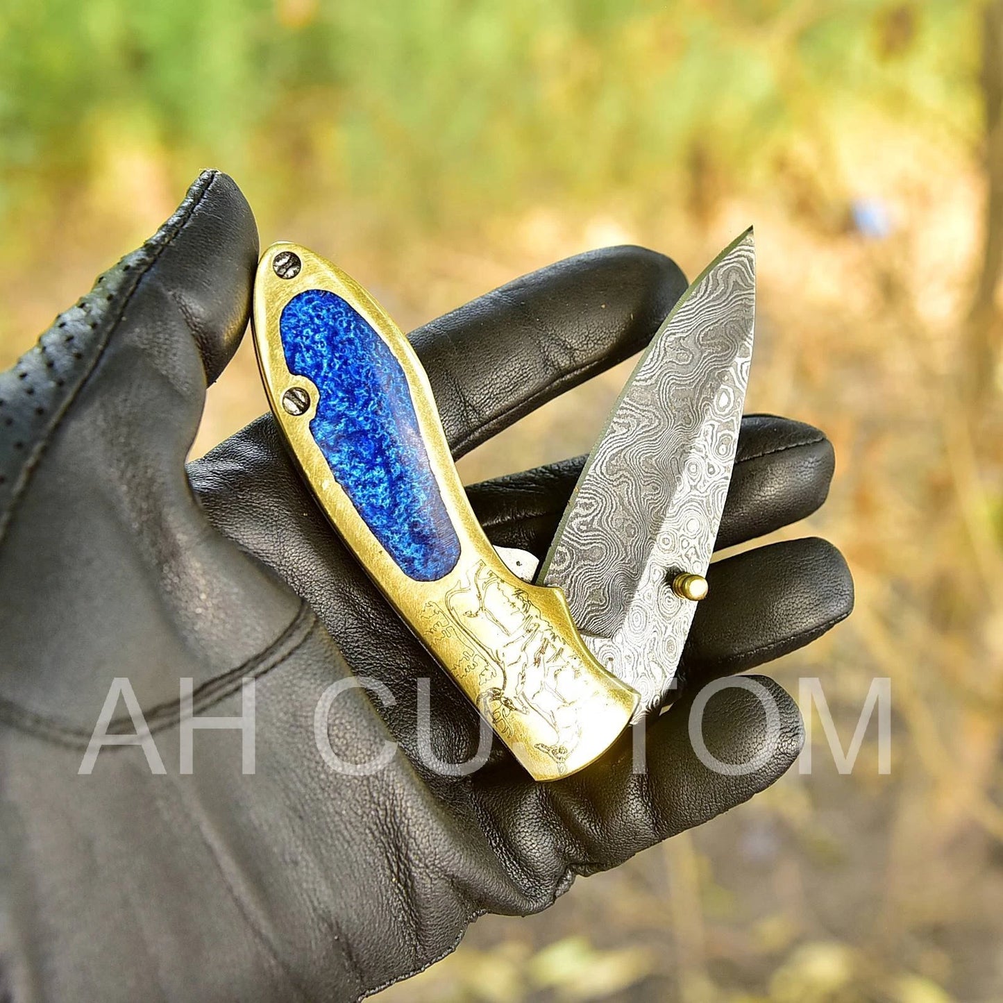 Custom Handmade Damascus Steel Folding Pocket Knife with Brass Handle – 512 Layers EDC Knife with Leather Sheath