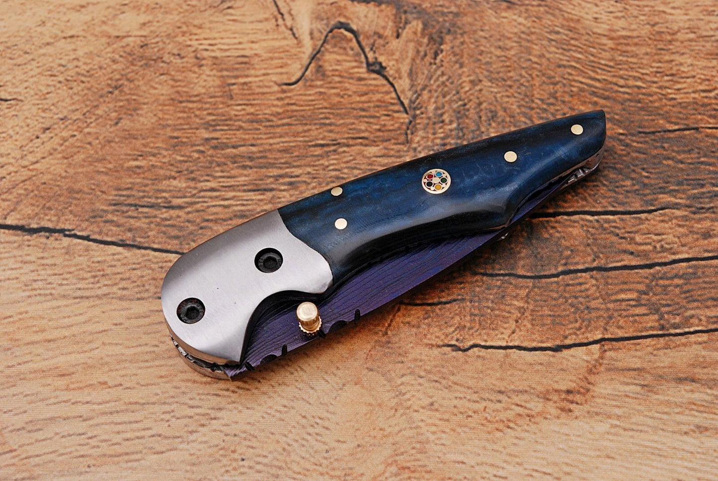 Handmade 512-Layer Damascus Steel Folding Pocket Knife with Bone Handle & Leather Sheath