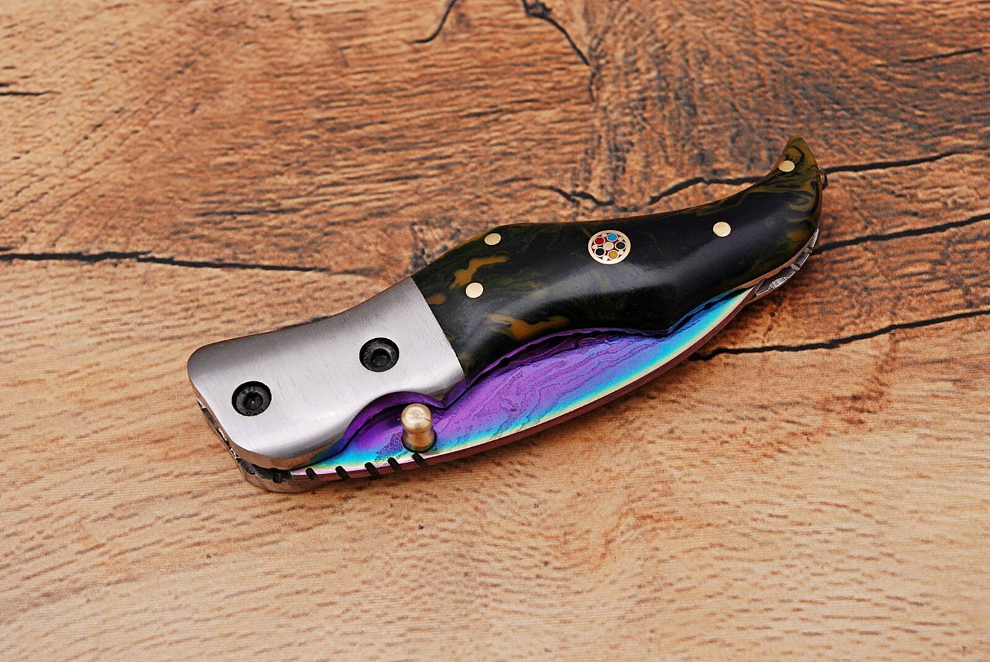 Handmade 512-Layer Damascus Steel Folding Pocket Knife with Resin Handle & Leather Sheath