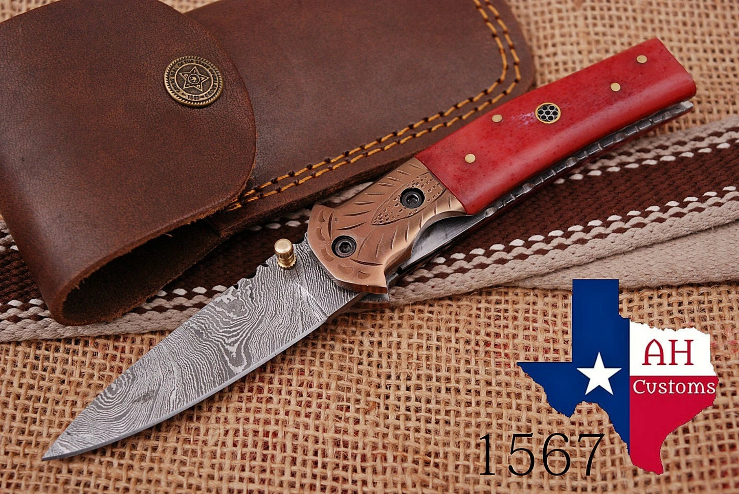 Handmade 512-Layer Damascus Steel Folding Pocket Knife with Bone & Copper Bolster Handle – Leather Sheath