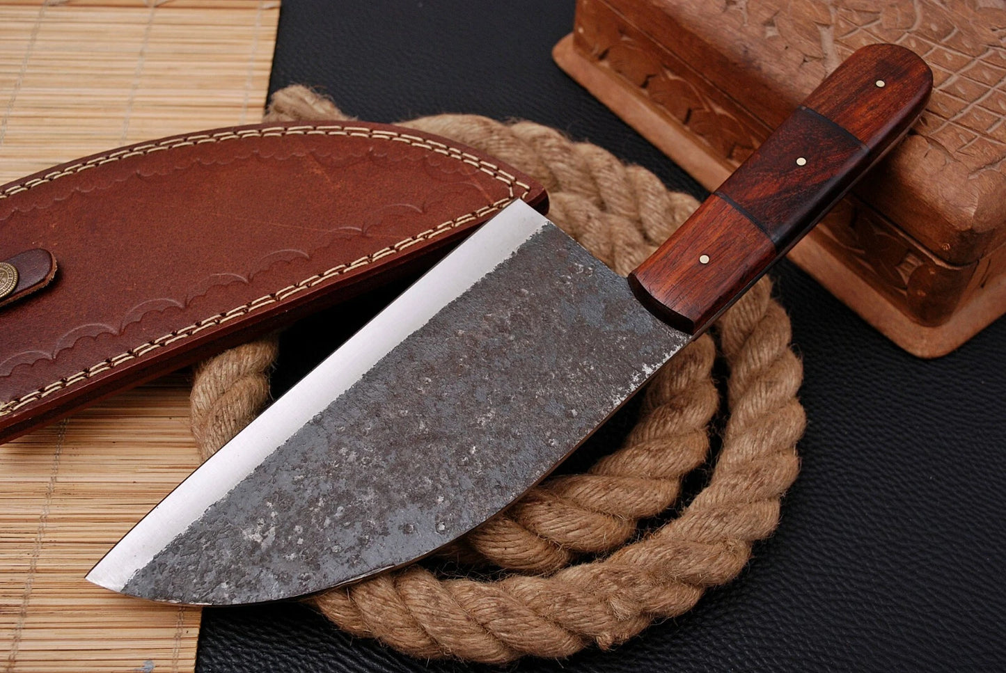 Handmade Railroad Spike High Carbon Steel Meat Cleaver Knife with Wood Handle – Forged 1095 Steel Kitchen Cleaver with Leather Sheath