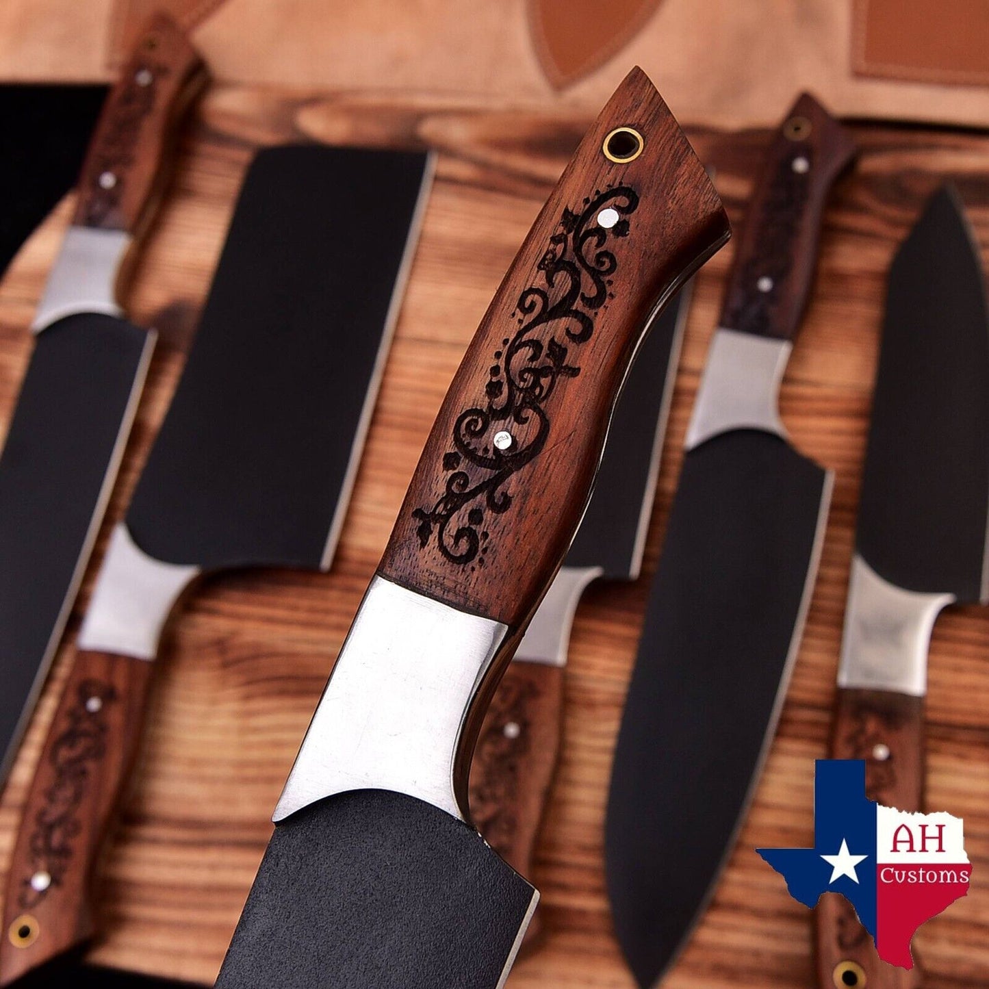 Hand Forged Carbon Steel Chef Set Everyday Carry Anniversary Gift For Him Groomsmen Gift Gift For A Chef With Engraved Wood Handle 2430