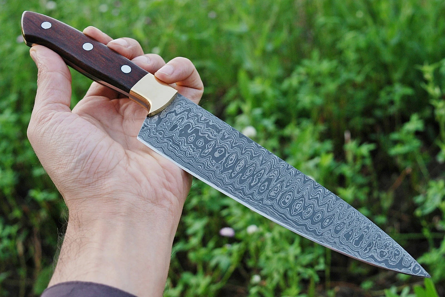Hand Forged Damascus Steel Chef Knife with Brass Guard & Frost Wood Handle – 512 Layers Professional Kitchen Knife