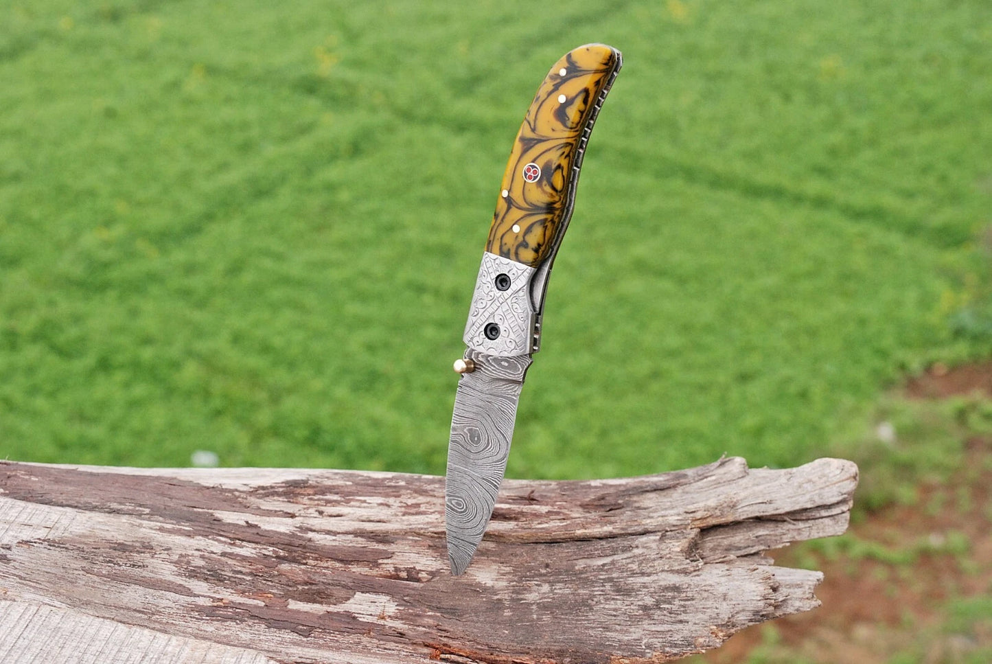 Premium Hand-Forged Damascus Folding Pocket Knife – Engraved Bolster Handle | 512 Layers | Leather Sheath Included 1590