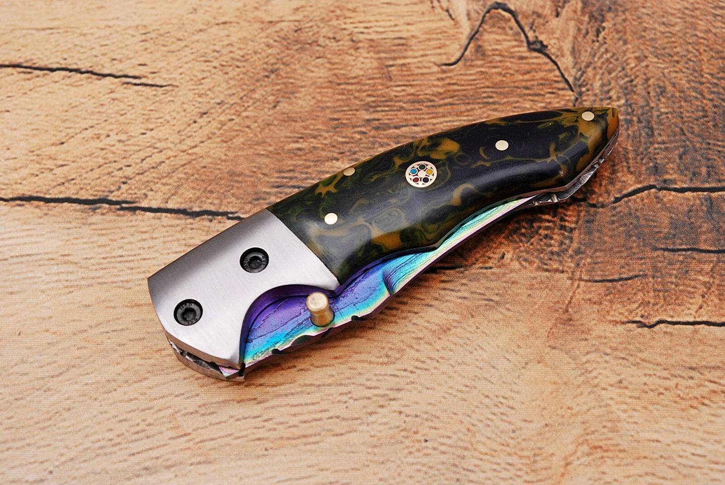 Handmade 512-Layer Damascus Steel Folding Pocket Knife with Resin Handle & Leather Sheath