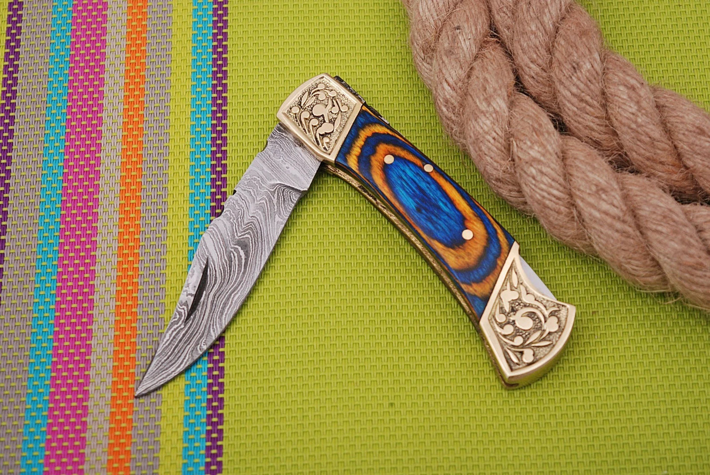 Custom Hand Forged Damascus Steel Folding Pocket Knife with Wood Handle – 512 Layers EDC Camping Knife with Leather Sheath 1067