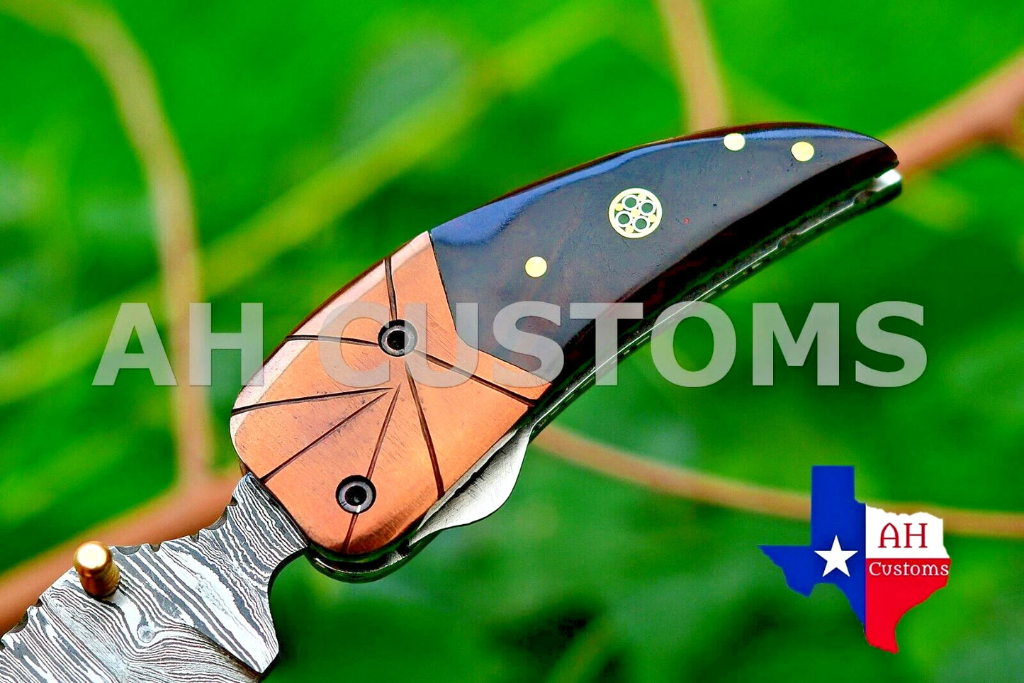 Handmade 512-Layer Damascus Steel Folding Pocket Knife with Resin & Copper Bolster Handle and Leather Sheath