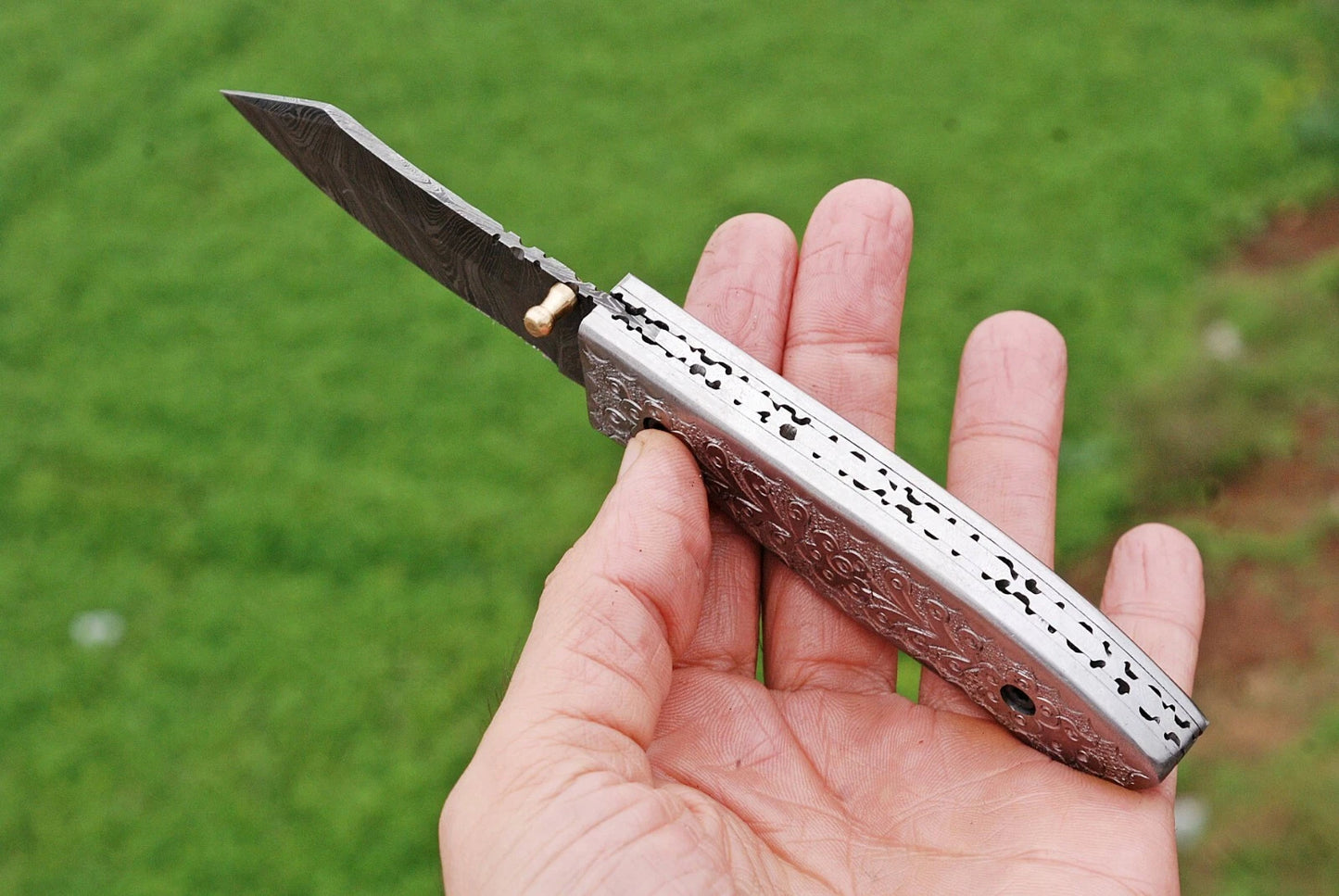 Hand Forged Damascus Steel Folding Pocket Knife with Steel Engraved Handle – 512 Layers EDC Knife with Leather Sheath
