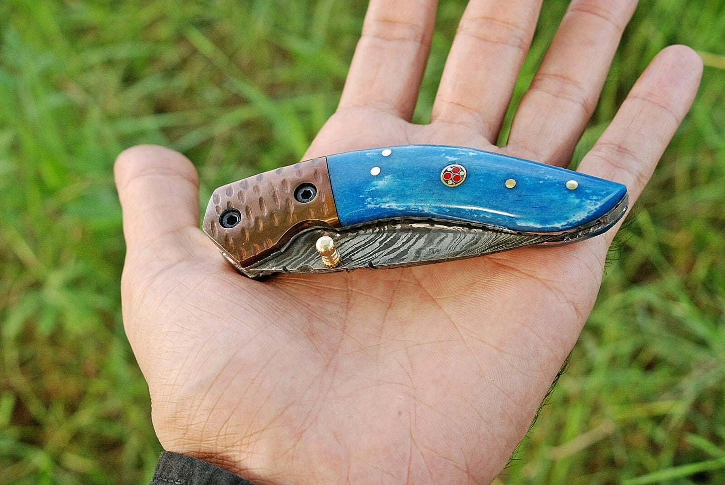 Handmade 512-Layer Damascus Steel Folding Pocket Knife with Camel Bone & Copper Bolster Handle – Leather Sheath