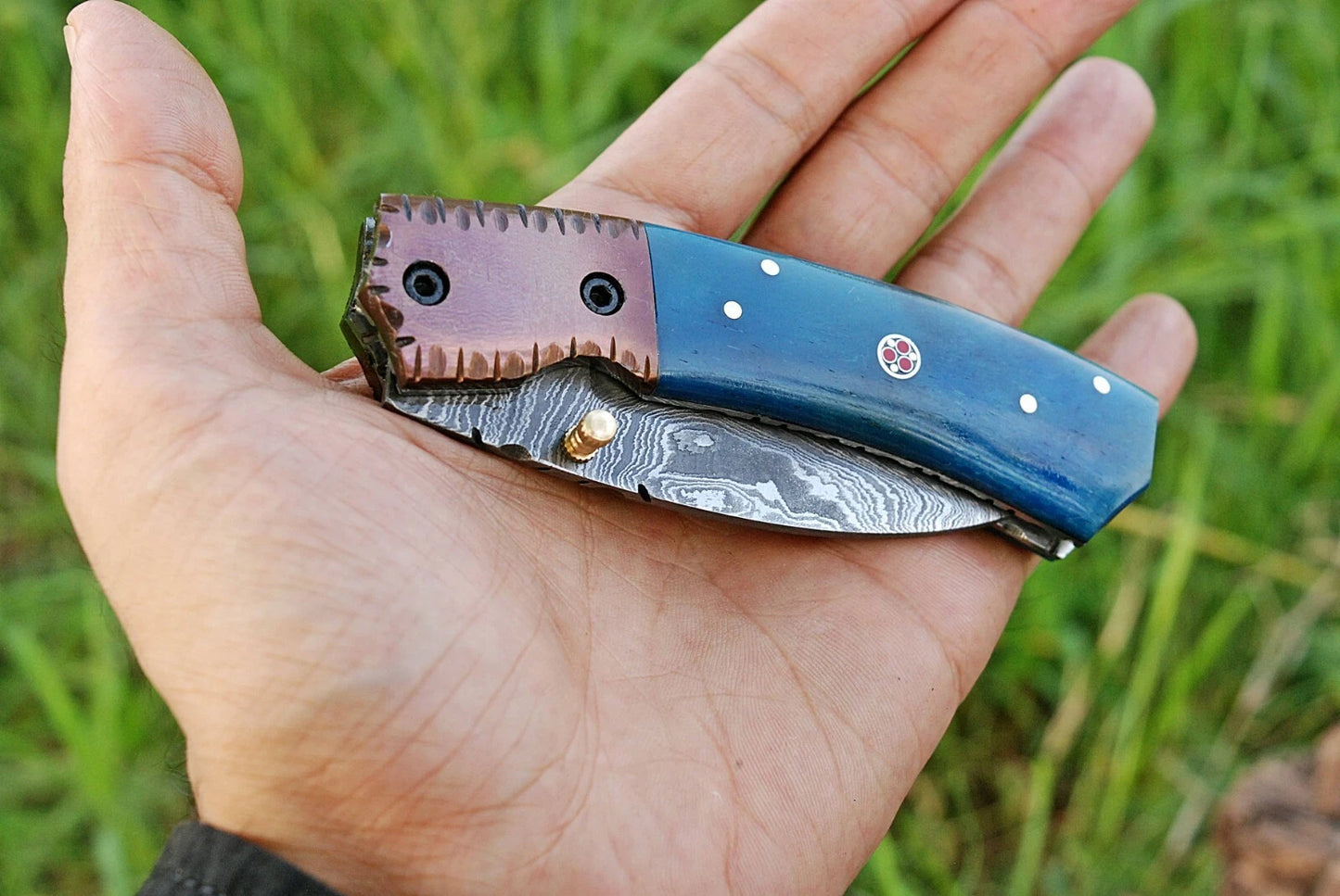 Custom Handmade 512-Layer Damascus Steel Folding Pocket Knife with Bone & Copper Bolster Handle – Leather Sheath