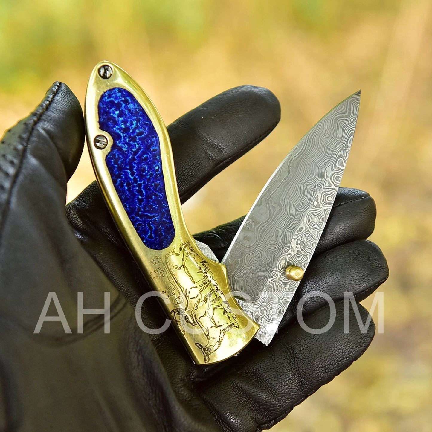 Premium Custom Handmade Damascus Folding Pocket Knife – Brass Handle | 512 Layers | Leather Sheath Included