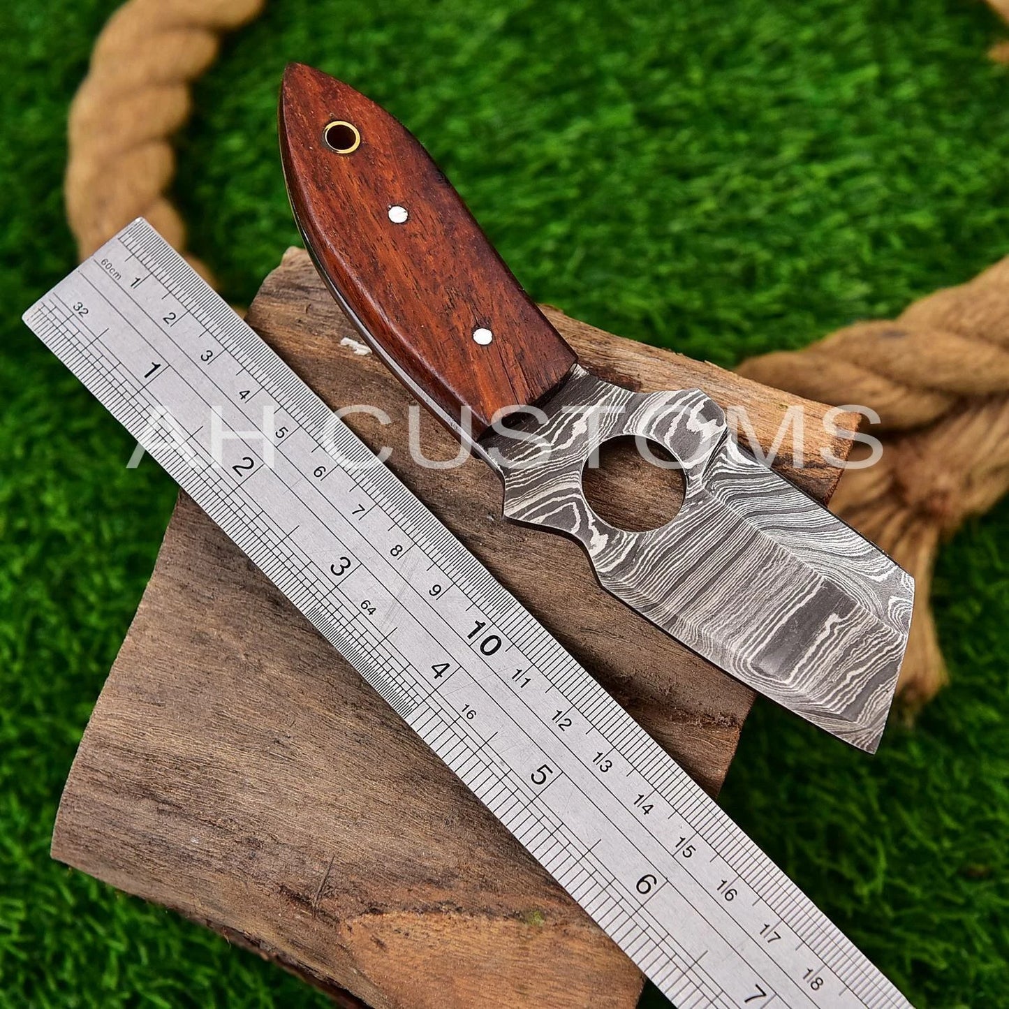 Custom Handmade Damascus Steel Fixed Blade Utility Tool with Wood Handle – 512 Layers Compact Collectible with Leather Sheath