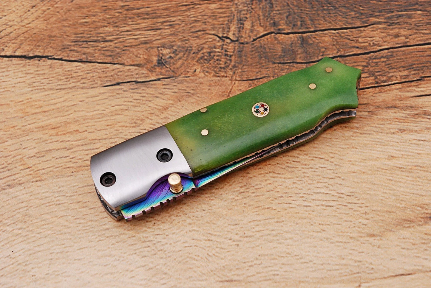 Handmade 512-Layer Damascus Steel Folding Pocket Knife with Bone Handle & Leather Sheath