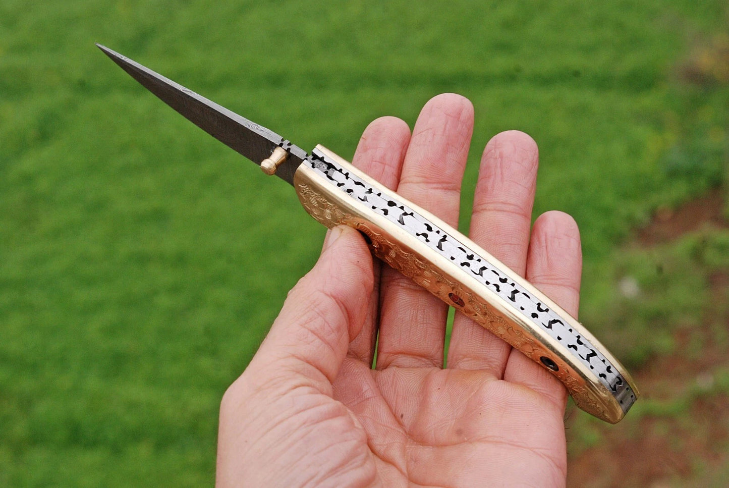 Hand Forged Damascus Steel Folding Pocket Knife with Brass Engraved Handle – 512 Layers EDC Knife with Leather Sheath