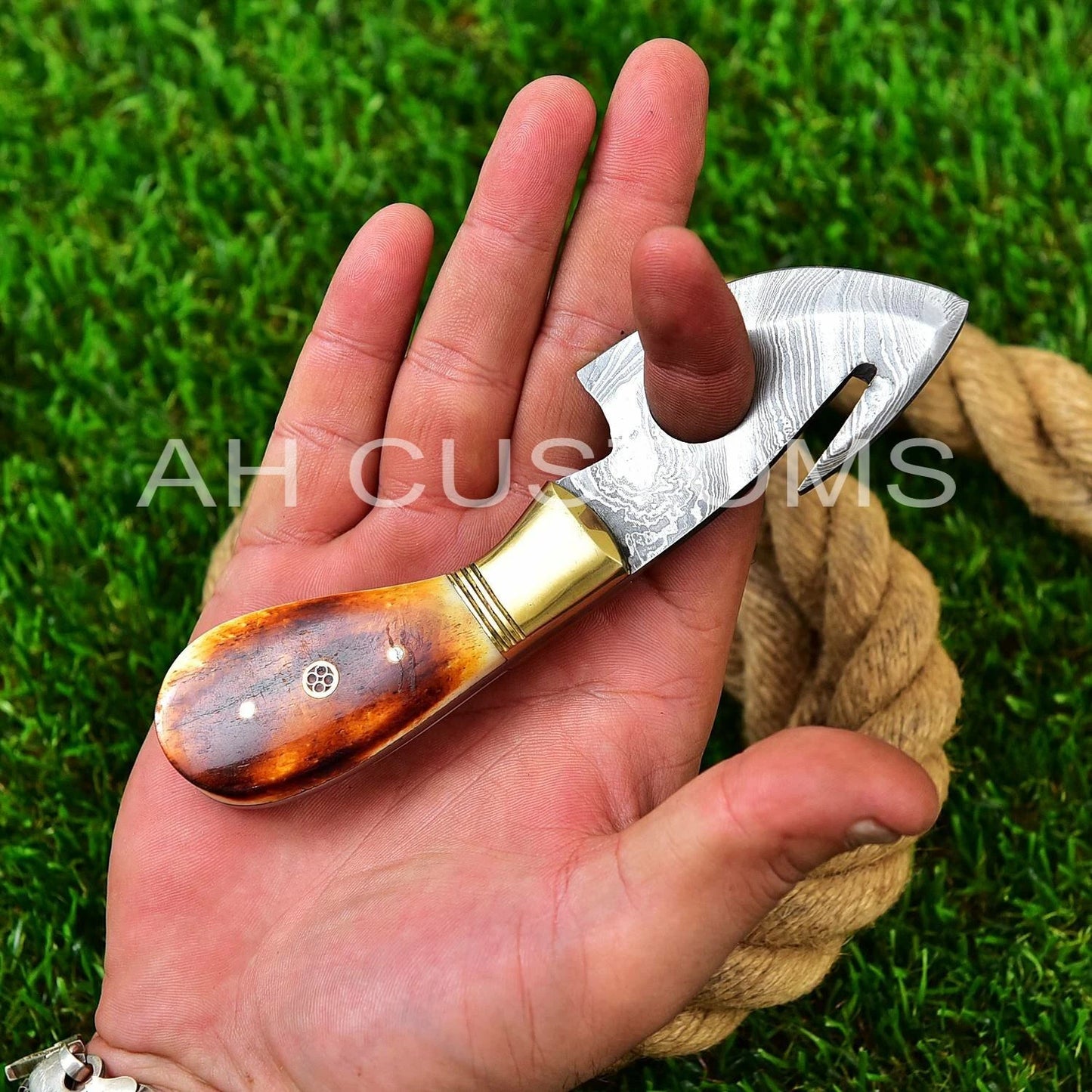 Hand Forged Damascus Steel Gut Hook Style Fixed Blade Knife with Bone Handle & Leather Sheath – 512 Layers Compact Outdoor & EDC Knife