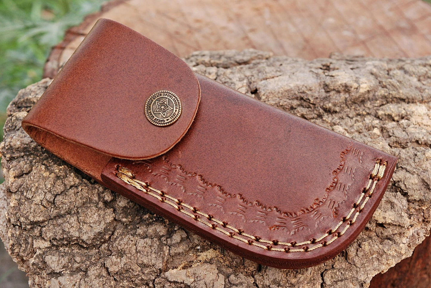 Handmade 512-Layer Damascus Steel Folding Pocket Knife with Wood Handle & Leather Sheath