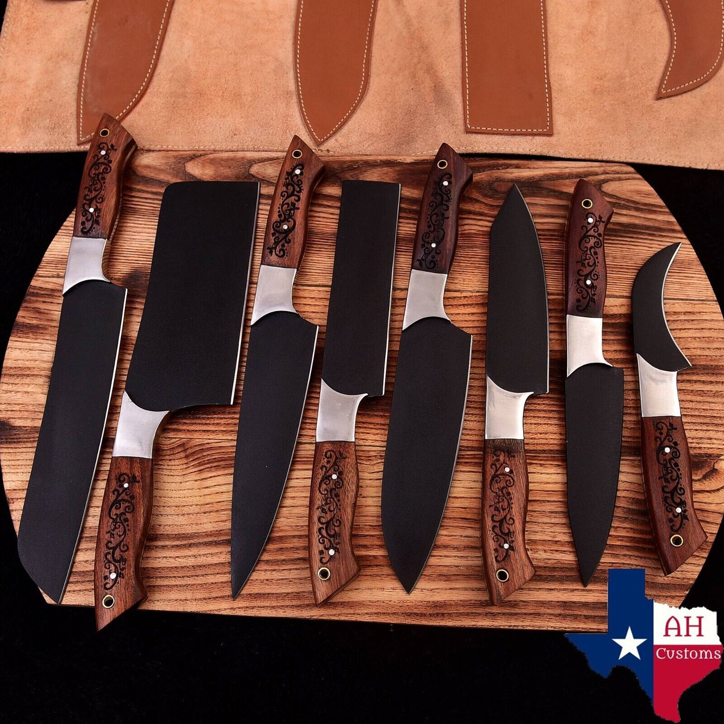 Hand Forged Carbon Steel Chef Set Everyday Carry Anniversary Gift For Him Groomsmen Gift Gift For A Chef With Engraved Wood Handle 2430