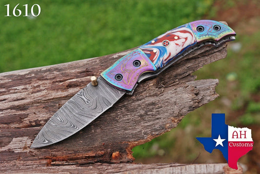 Premium Hand-Forged Damascus Folding Pocket Knife – Engraved Bolster Handle | 512 Layers | Leather Sheath Included