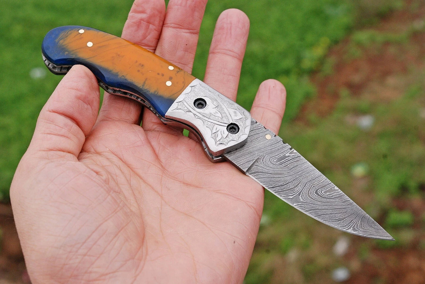 Hand Forged Damascus Steel Folding Pocket Knife with Risen & Bolster Handle – 512 Layers EDC Knife with Leather Sheath