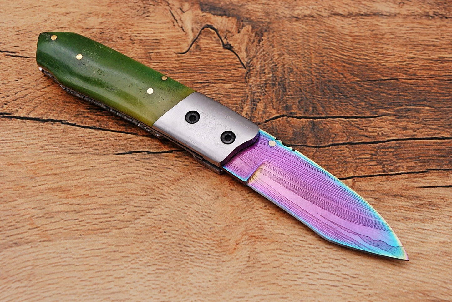 Handmade 512-Layer Damascus Steel Folding Pocket Knife with Bone Handle & Leather Sheath