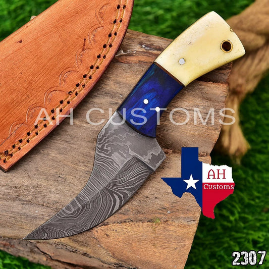 Hand Forged Damascus Steel Utility Tool with Wood Handle & Leather Sheath – 512 Layers Compact Outdoor EDC