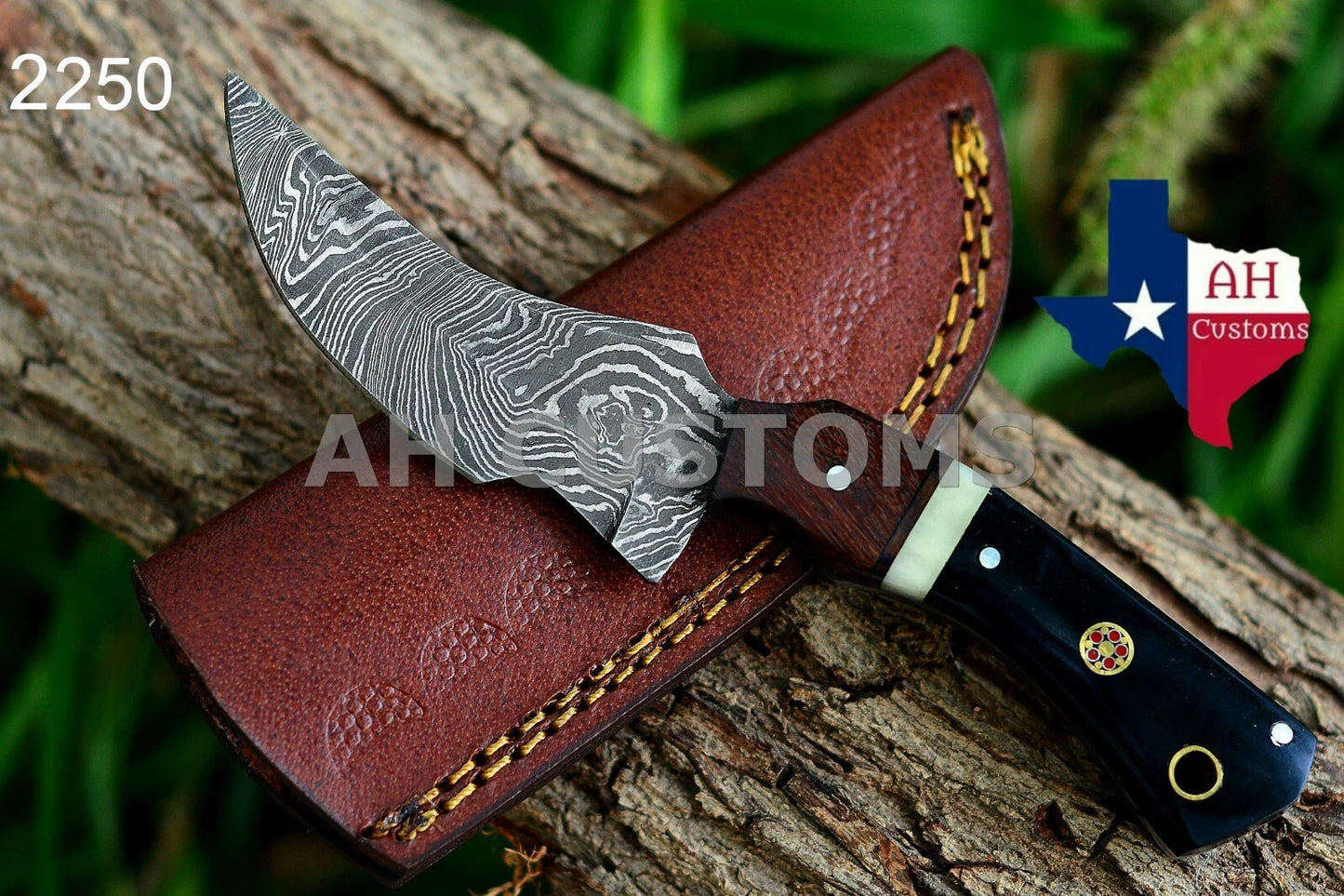 Hand Forged Damascus Steel Skinner Style Fixed Blade Knife with Wood & Horn Handle – 512 Layers Compact EDC Knife with Leather Sheath