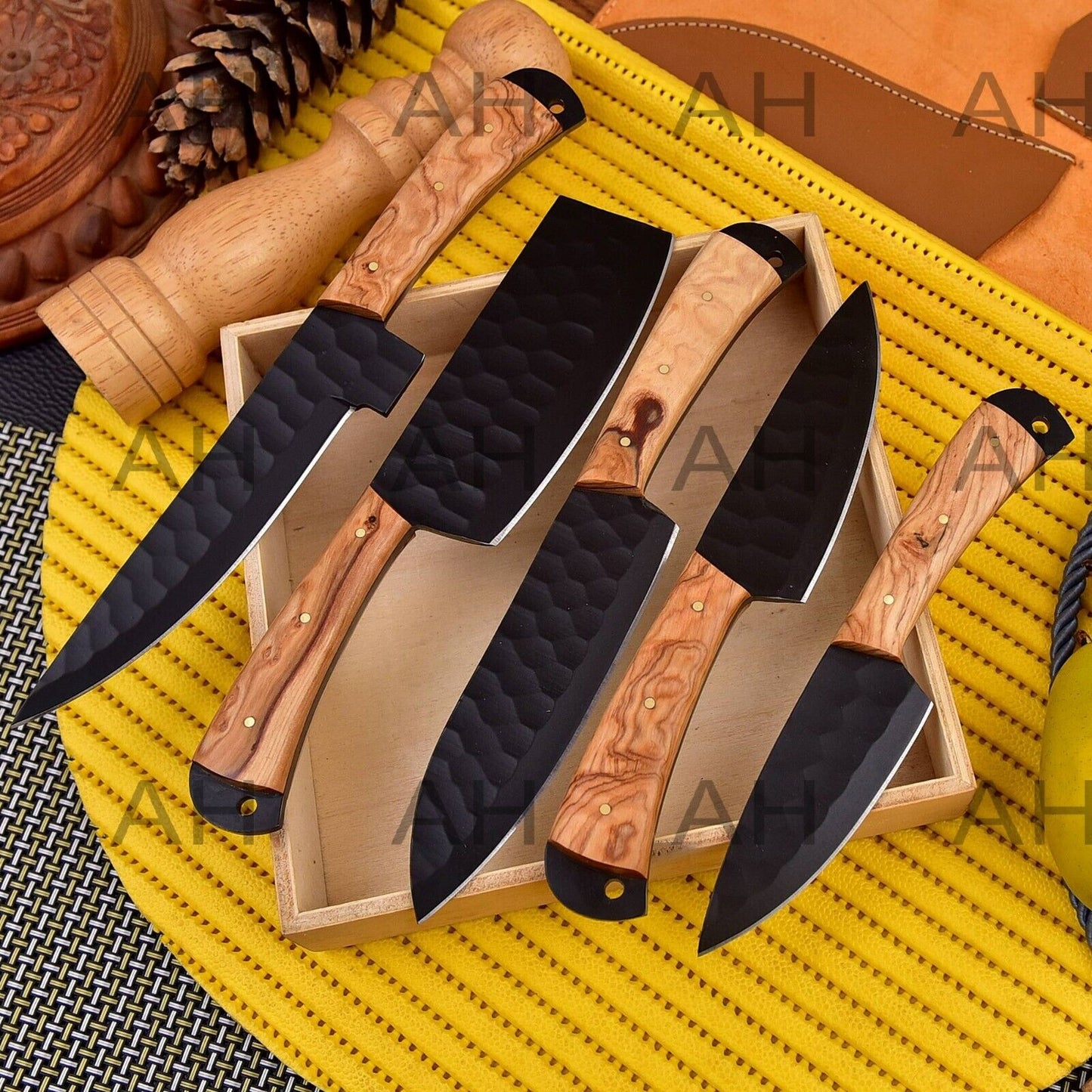 Hand Forged Carbon Steel Chef Set Everyday Carry Anniversary Gift For Him Groomsmen Gift Gift For A Chef With Engraved Wood Handle 2387