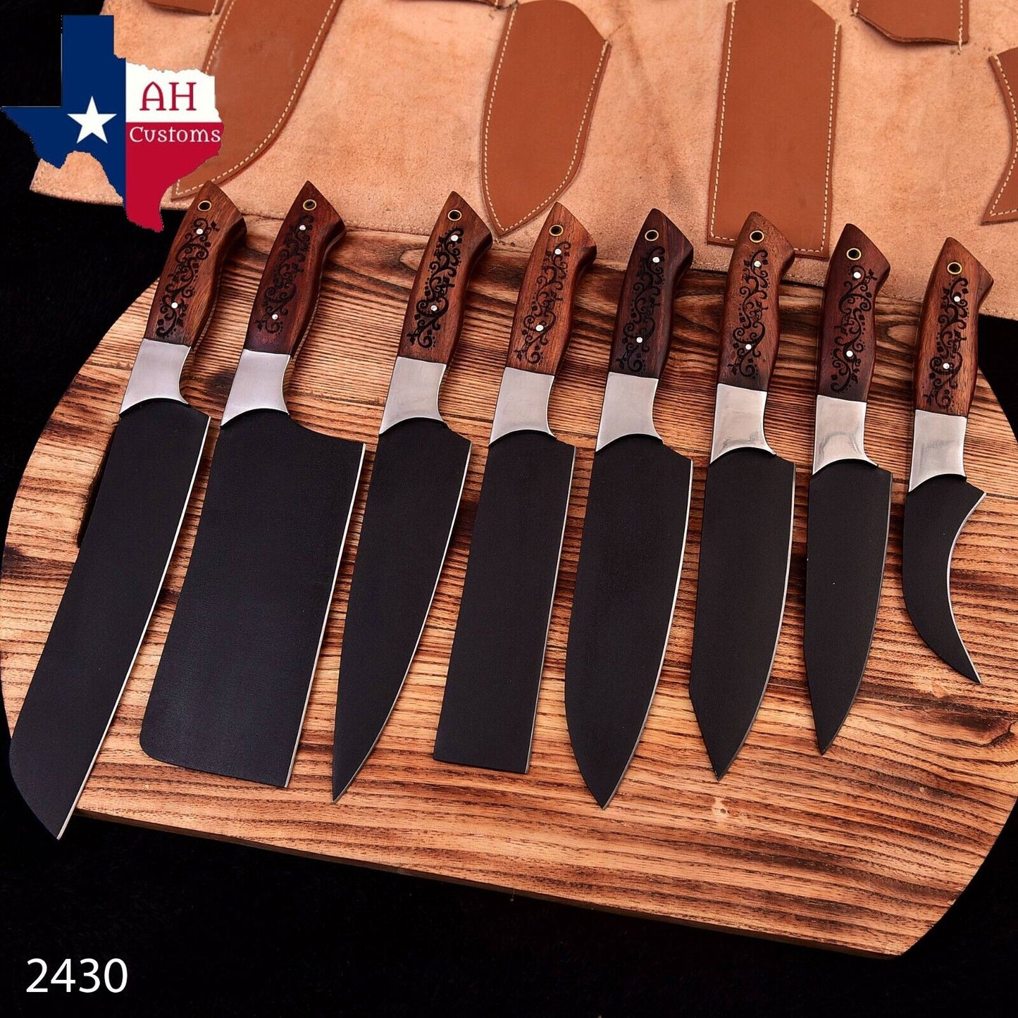 Hand Forged Carbon Steel Chef Set Everyday Carry Anniversary Gift For Him Groomsmen Gift Gift For A Chef With Engraved Wood Handle 2430