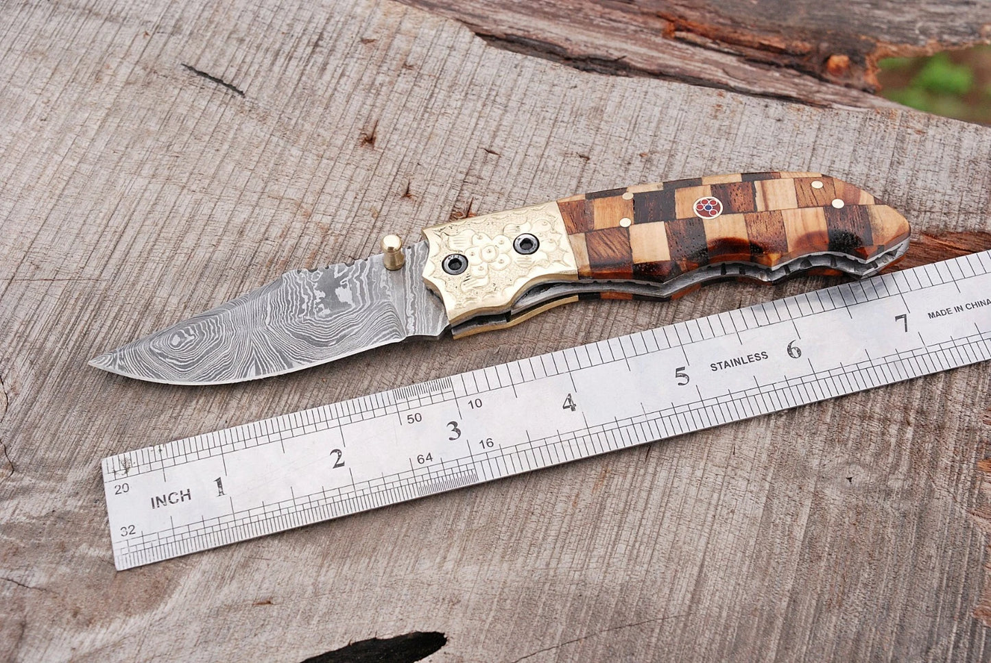 Hand Forged Damascus Steel Folding Pocket Knife with Wood & Bolster Handle – 512 Layers EDC Knife with Leather Sheath 1597