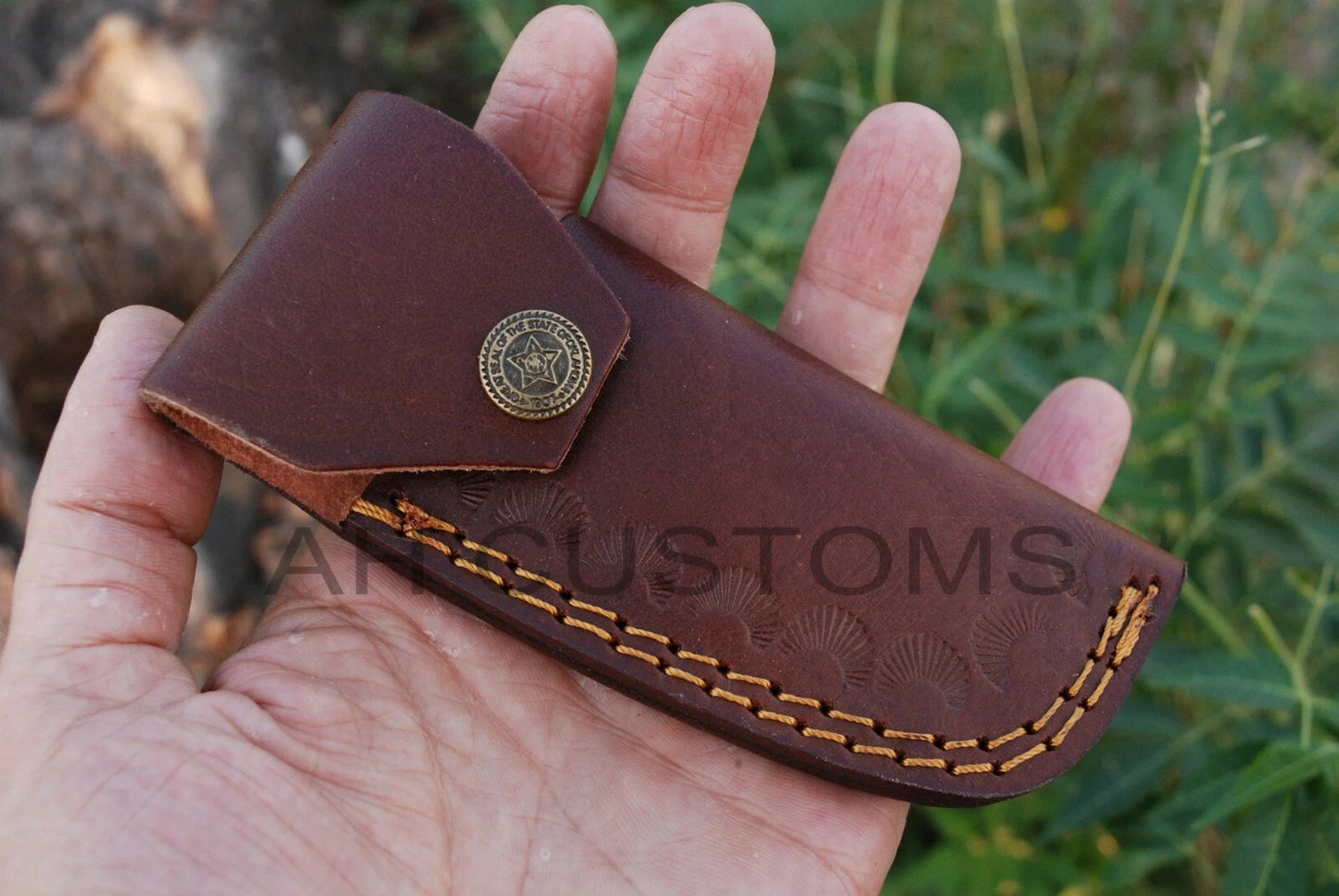 Custom Handmade 512-Layer Damascus Steel Double Blade Trapper Folding Pocket Knife with Resin Handle & Leather Sheath