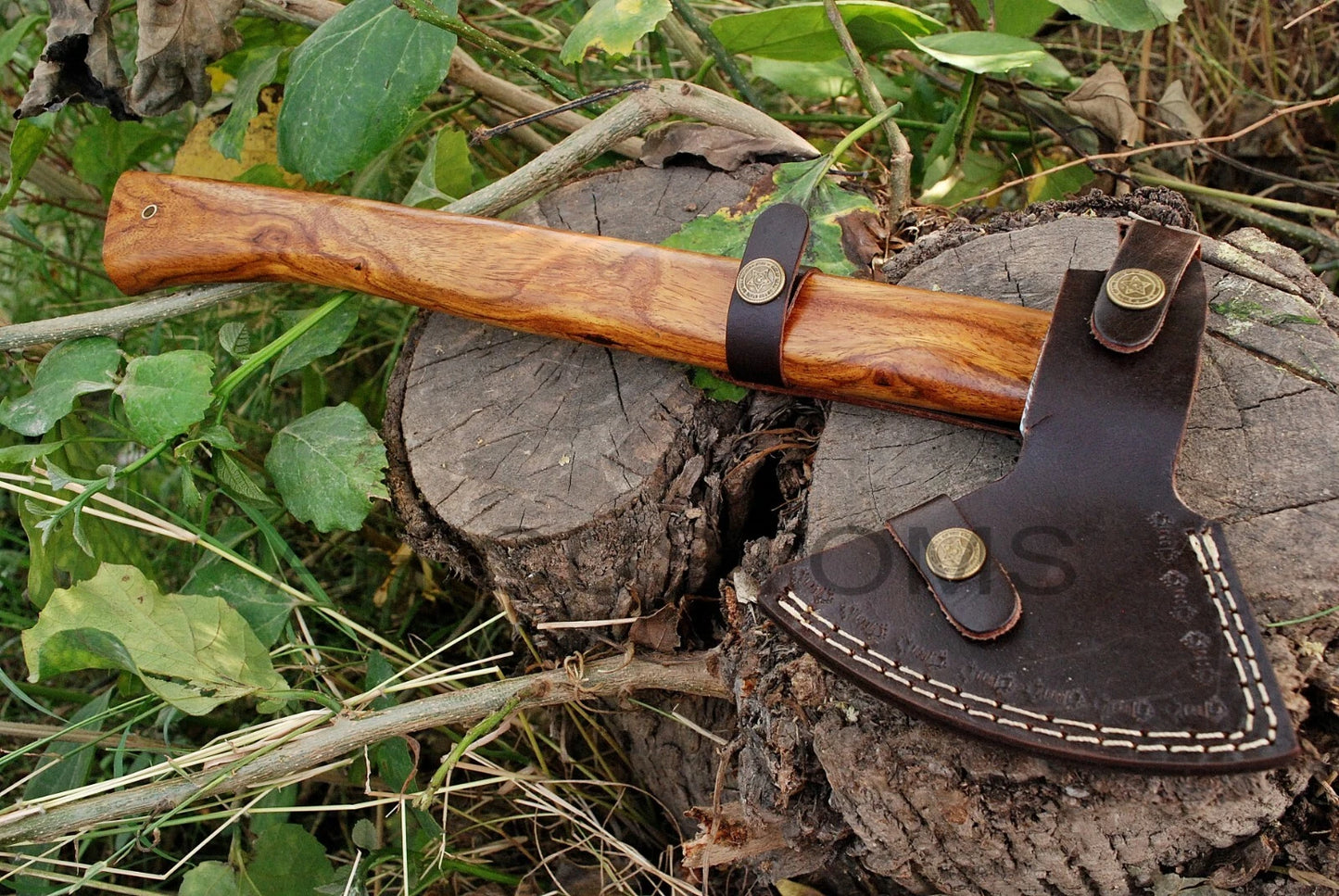 Custom Hand-Forged Damascus Steel Utility Axe with Cocobolo Wood Handle – 512 Layers Handmade Tool with Leather Sheath