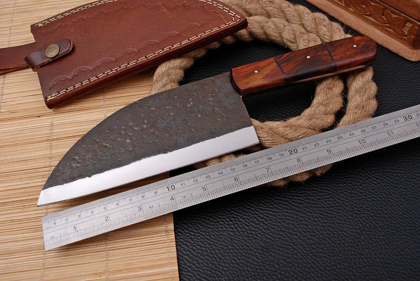 Handmade Railroad Spike High Carbon Steel Meat Cleaver Knife with Wood Handle – Forged 1095 Steel Kitchen Cleaver with Leather Sheath