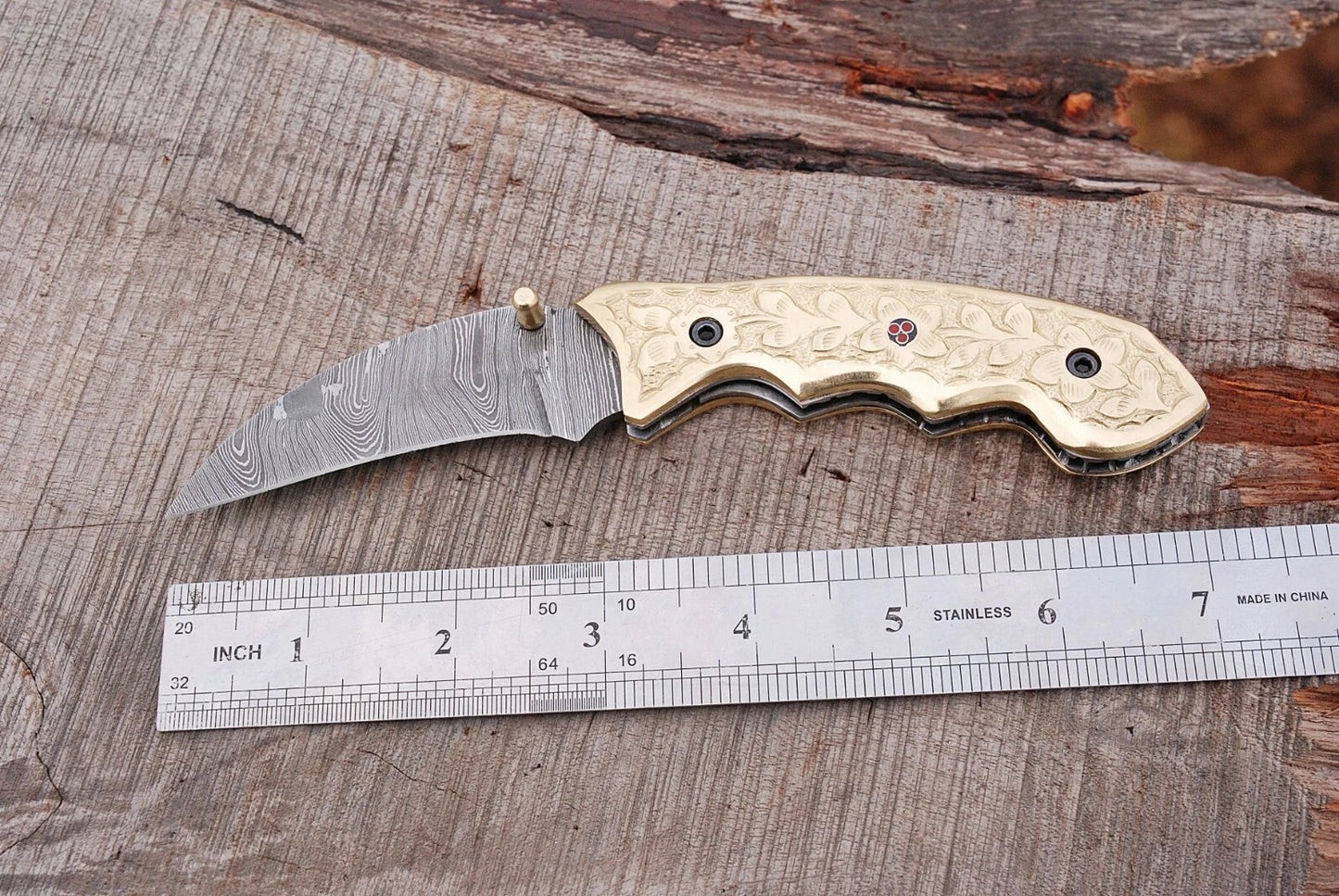 Handmade 512-Layer Damascus Steel Folding Pocket Knife with Engraved Brass Handle & Leather Sheath