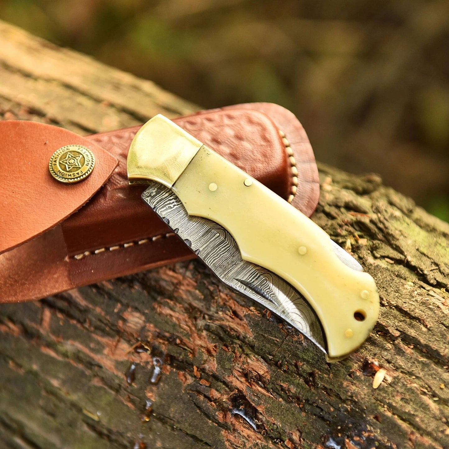 Handmade Damascus Steel Folding Pocket Tool – 512 Layers Utility Tool with Leather Sheath