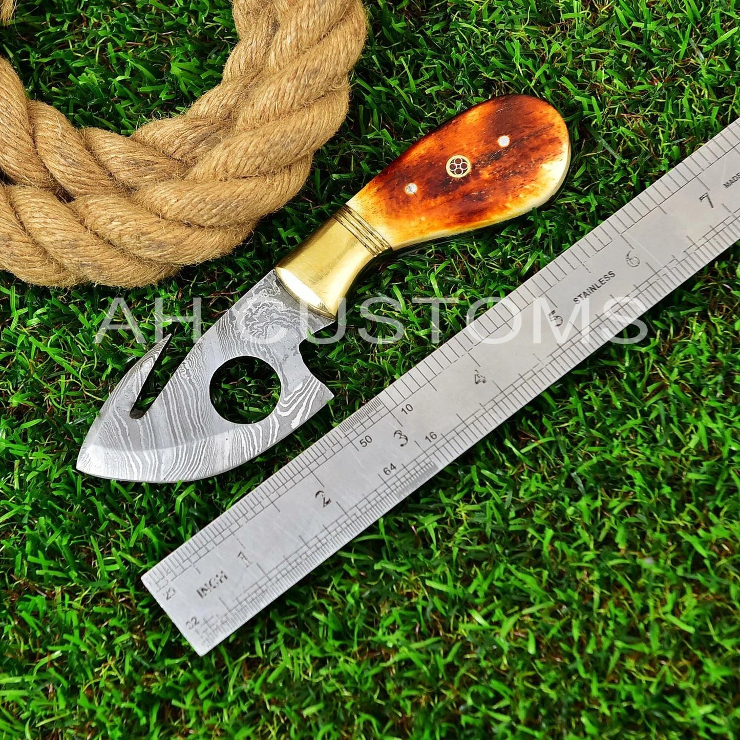 Hand Forged Damascus Steel Gut Hook Style Fixed Blade Knife with Bone Handle & Leather Sheath – 512 Layers Compact Outdoor & EDC Knife