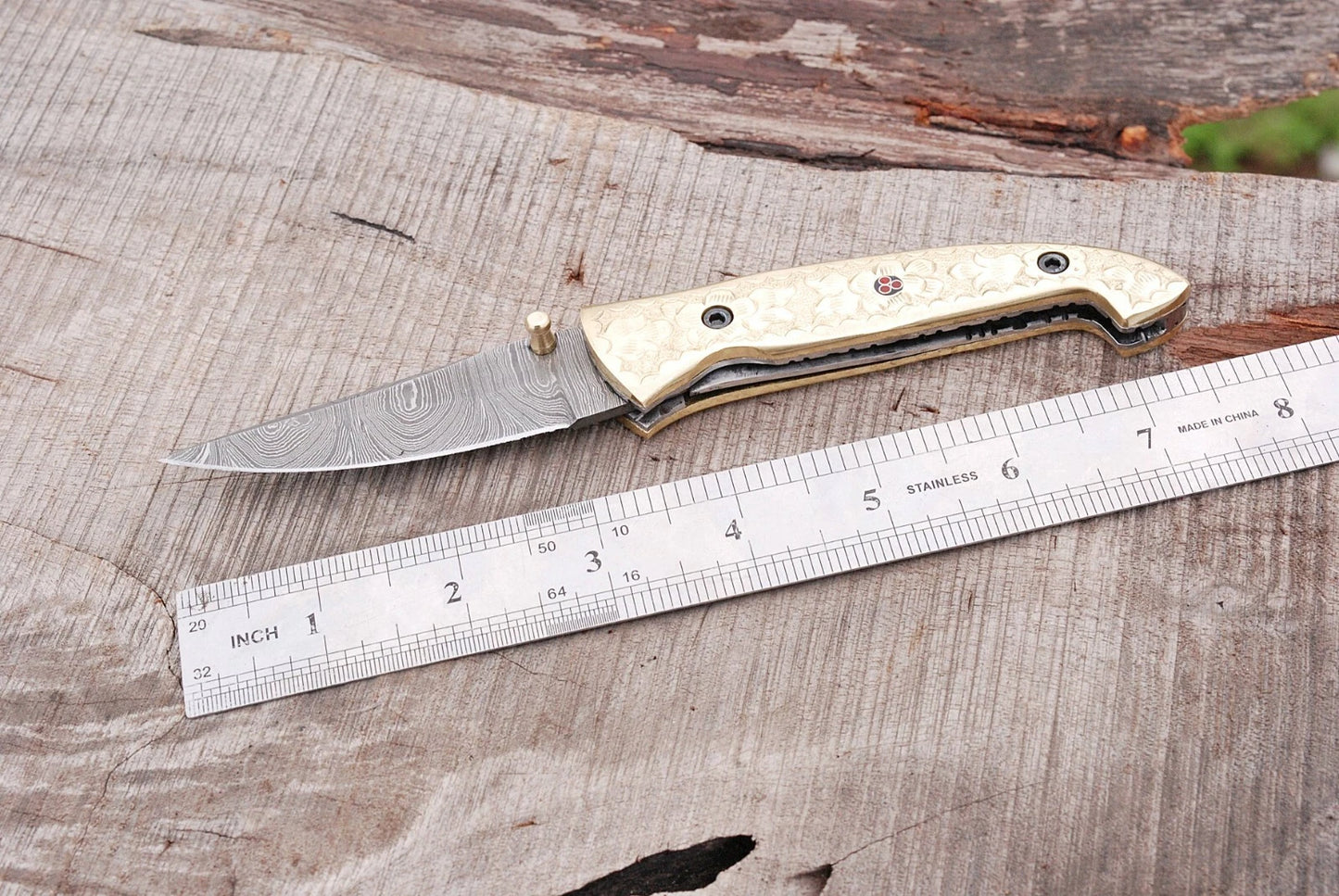 Hand Forged Damascus Steel Folding Pocket Knife with Brass Engraved Handle – 512 Layers EDC Knife with Leather Sheath