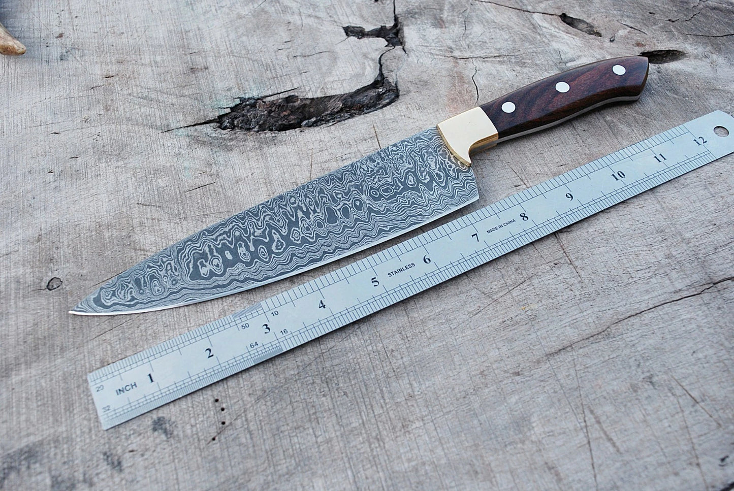 Hand Forged Damascus Steel Chef Knife with Brass Guard & Frost Wood Handle – 512 Layers Professional Kitchen Knife