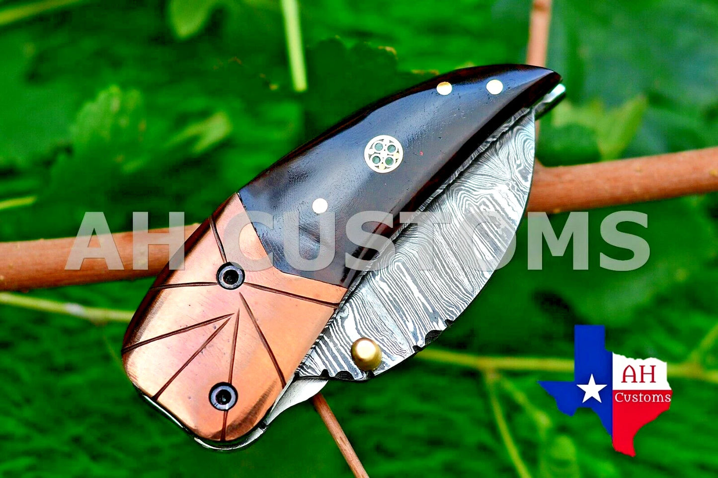 Handmade 512-Layer Damascus Steel Folding Pocket Knife with Resin & Copper Bolster Handle and Leather Sheath