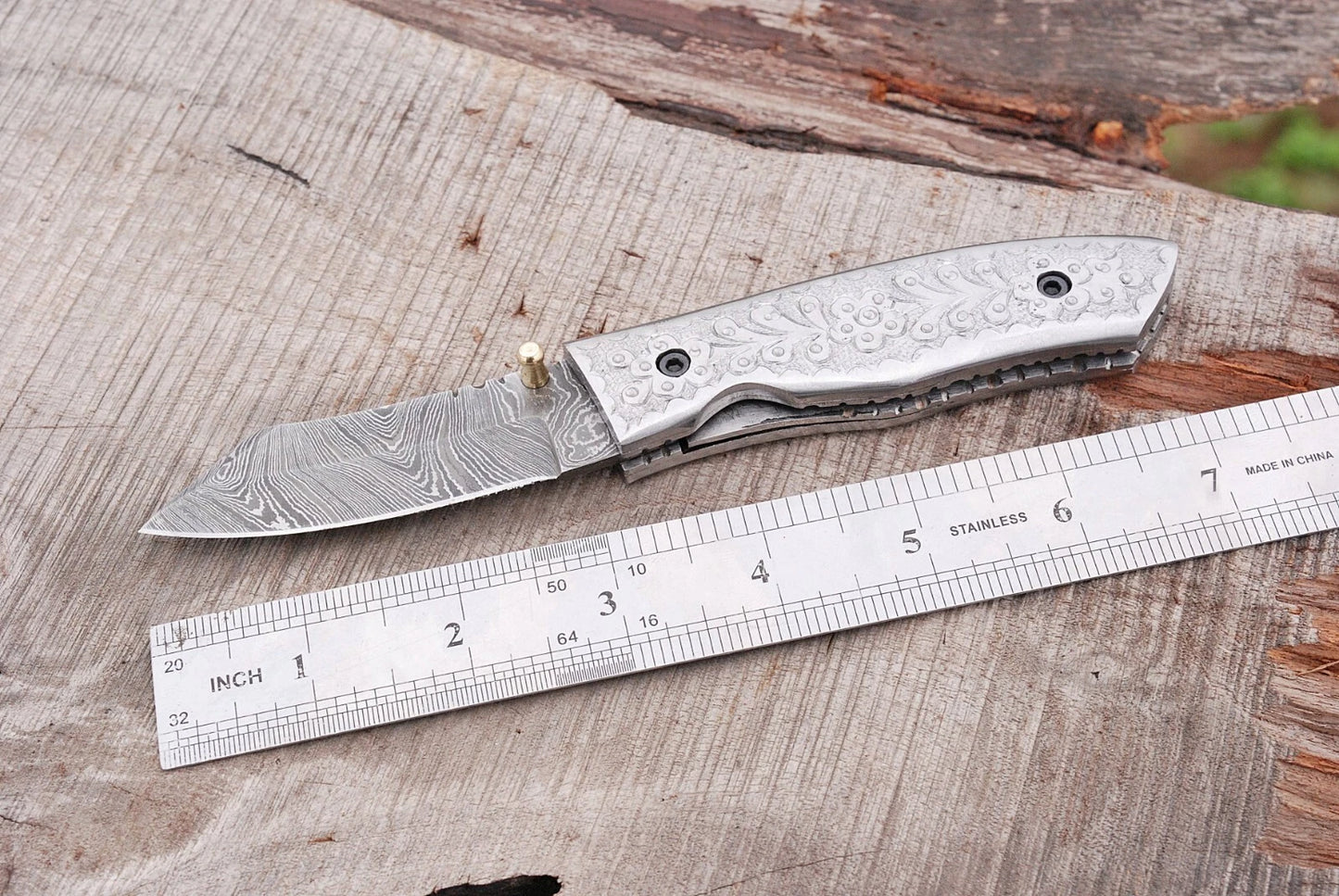 Hand Forged Damascus Steel Folding Pocket Knife with Steel Engraved Handle – 512 Layers EDC Knife with Leather Sheath