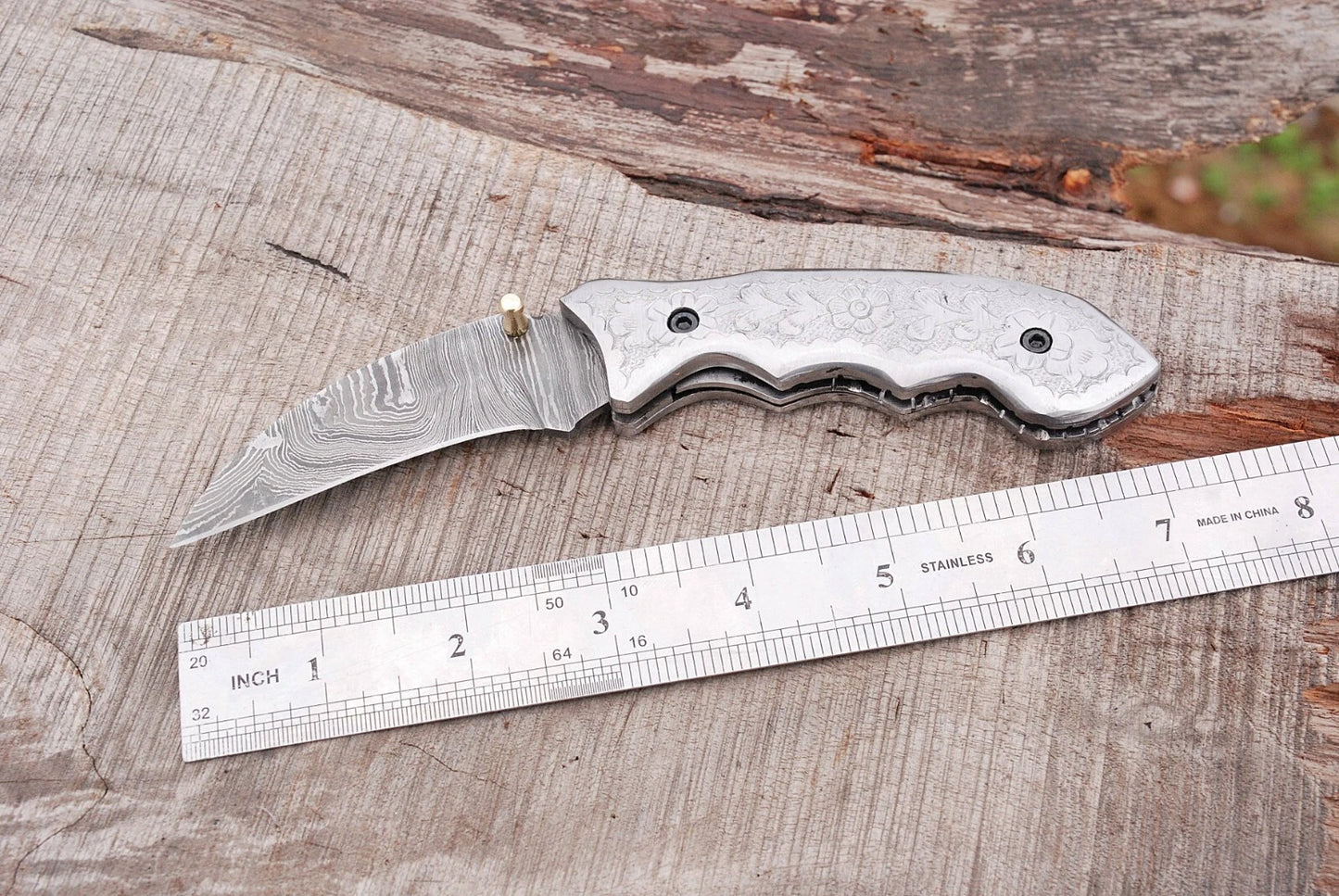 Hand Forged Damascus Steel Folding Pocket Knife with Steel Engraved Handle – 512 Layers EDC Knife with Leather Sheath